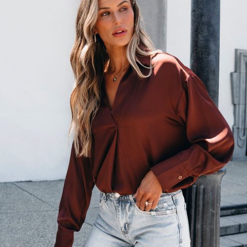 chestnut v neck satin blouse 399018