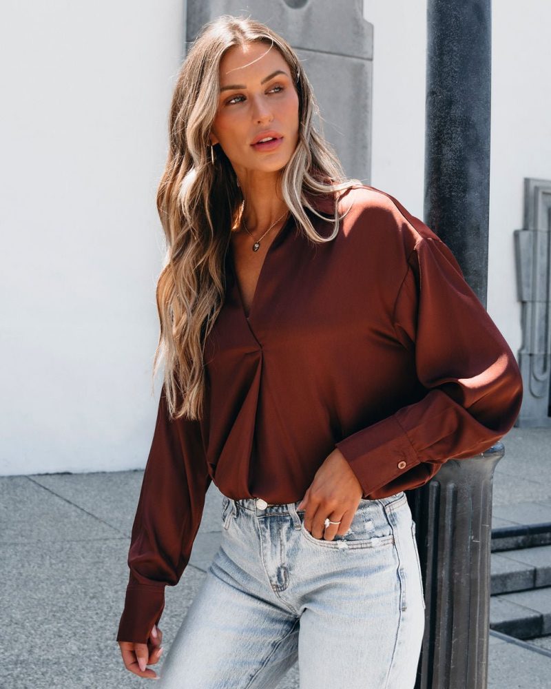 chestnut v neck satin blouse 399018