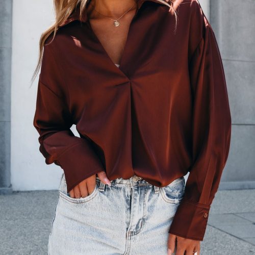 chestnut v neck satin blouse 516808