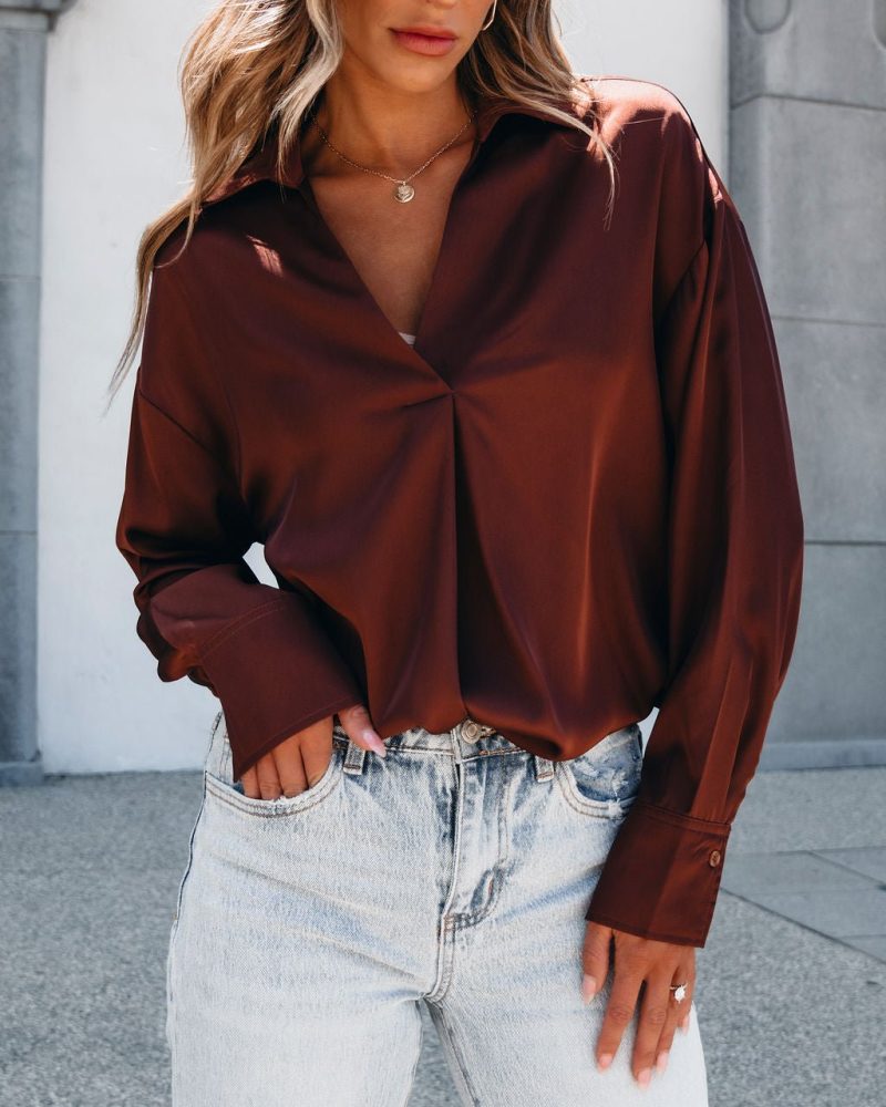 chestnut v neck satin blouse 516808