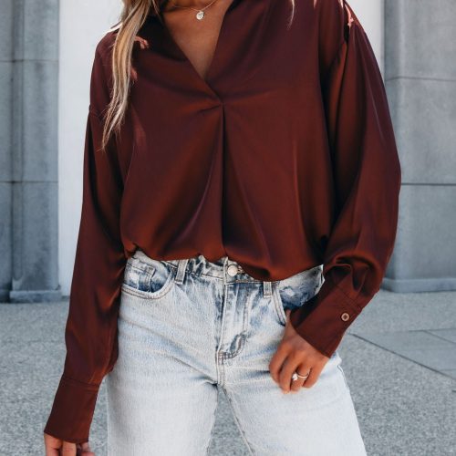 chestnut v neck satin blouse 518093