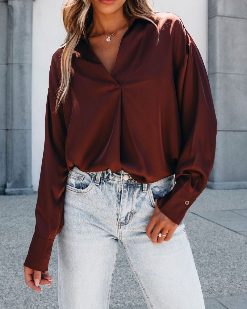 chestnut v neck satin blouse 518093