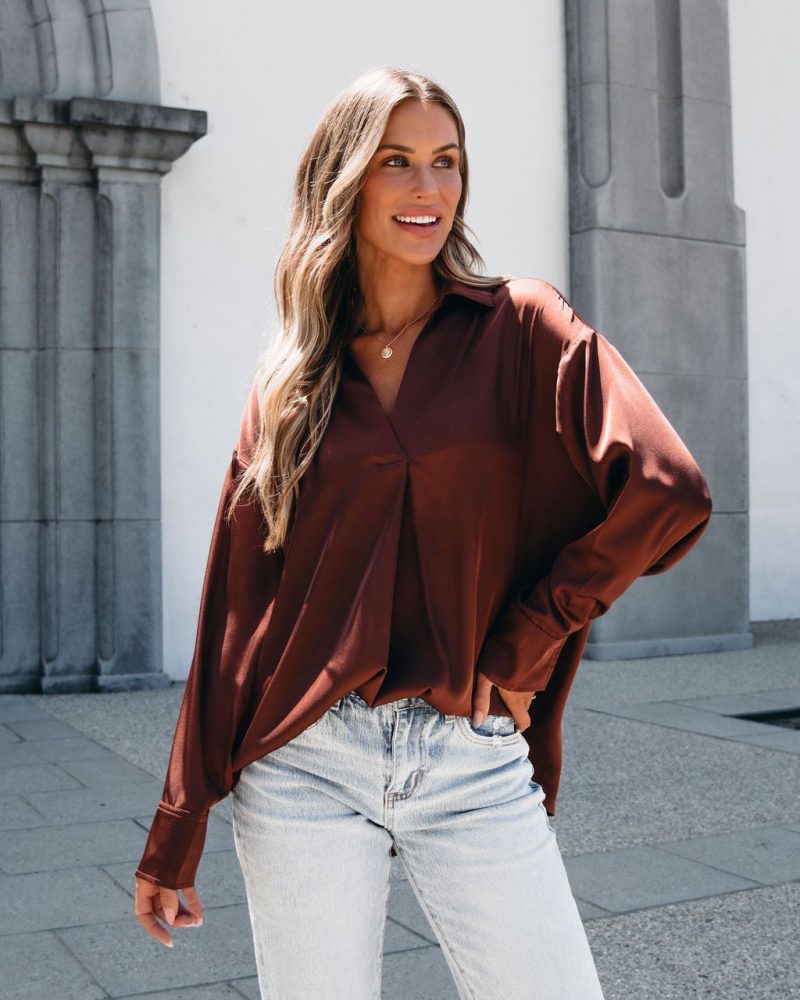 chestnut v neck satin blouse 825903