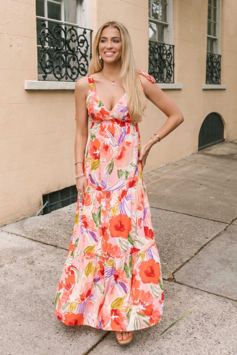 coral multi print shoulder tie maxi dress 256263