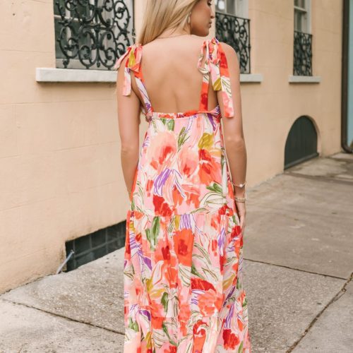 coral multi print shoulder tie maxi dress 284675