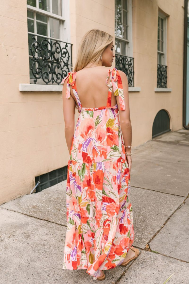 coral multi print shoulder tie maxi dress 284675