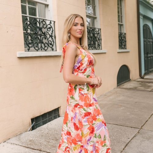 coral multi print shoulder tie maxi dress 770797