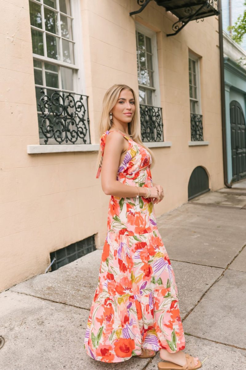 coral multi print shoulder tie maxi dress 770797