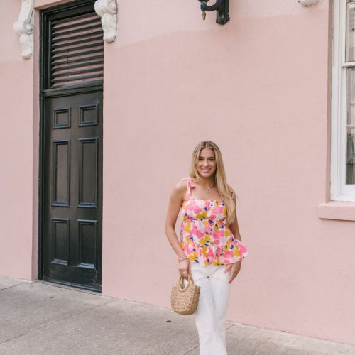 coral pink print ruffled tank top 508142