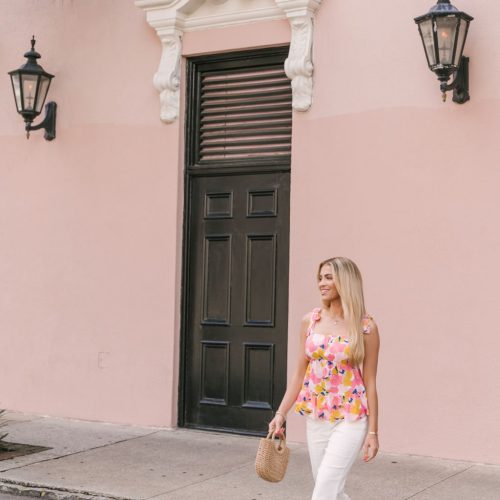 coral pink print ruffled tank top 509426