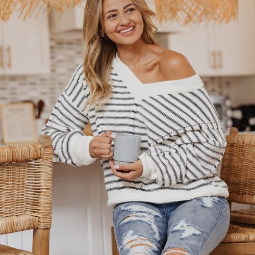 coziest cream striped v neck sweater final sale 794025