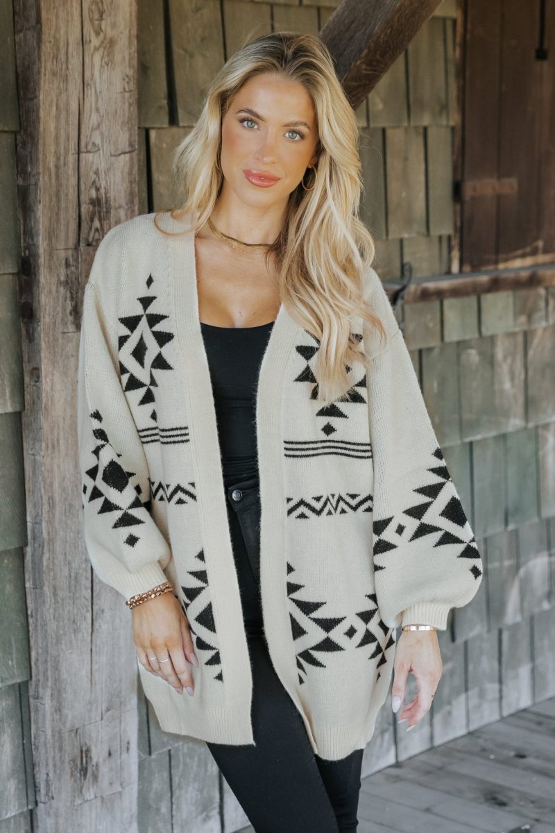 cream and black aztec print cardigan 290257