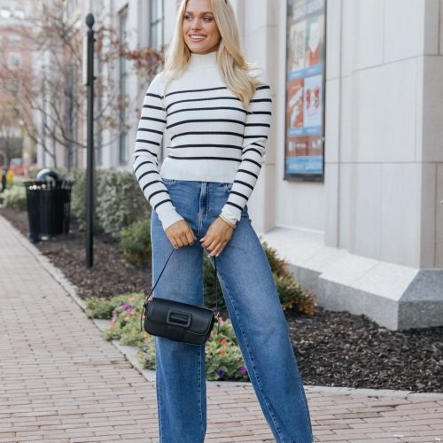 cream and black striped mock neck top 791098