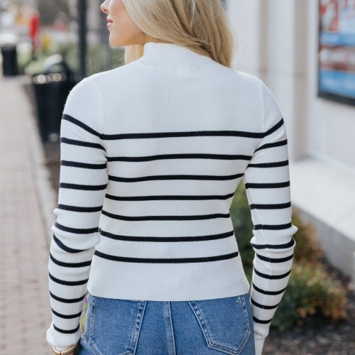 cream and black striped mock neck top 982050