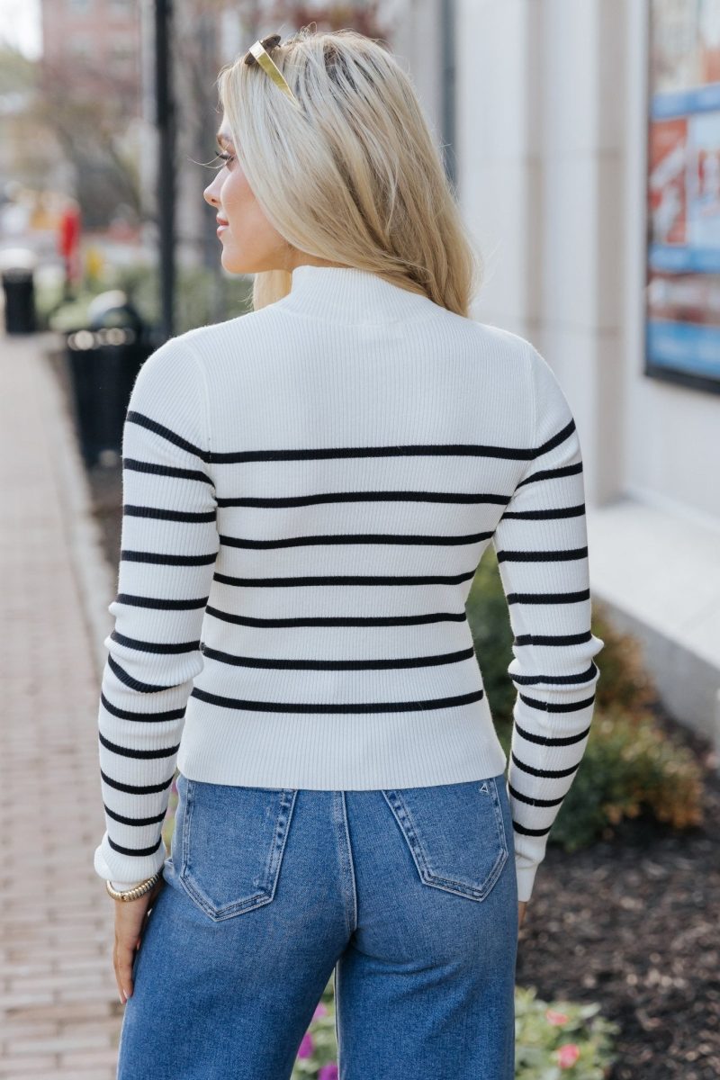 cream and black striped mock neck top 982050