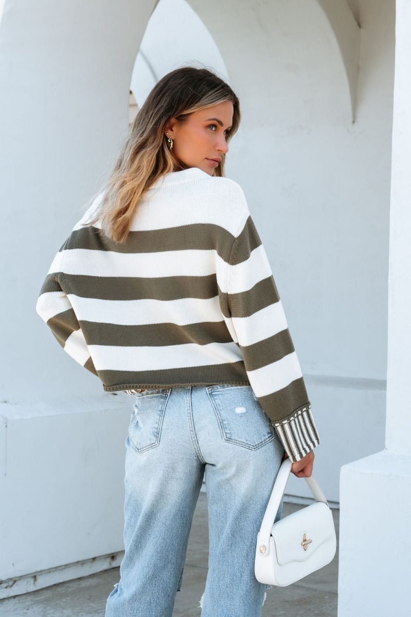 cream and olive striped pullover sweater 541182