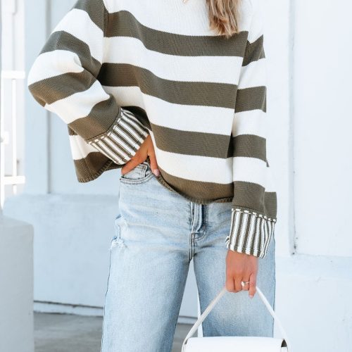 cream and olive striped pullover sweater 949211