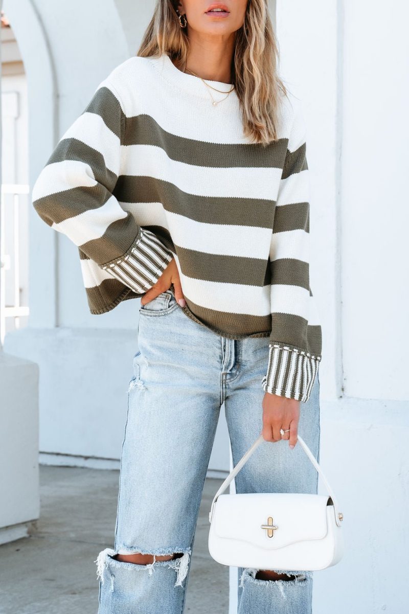 cream and olive striped pullover sweater 949211