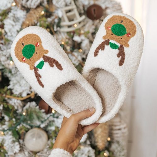 cream faux plush reindeer slippers 791114