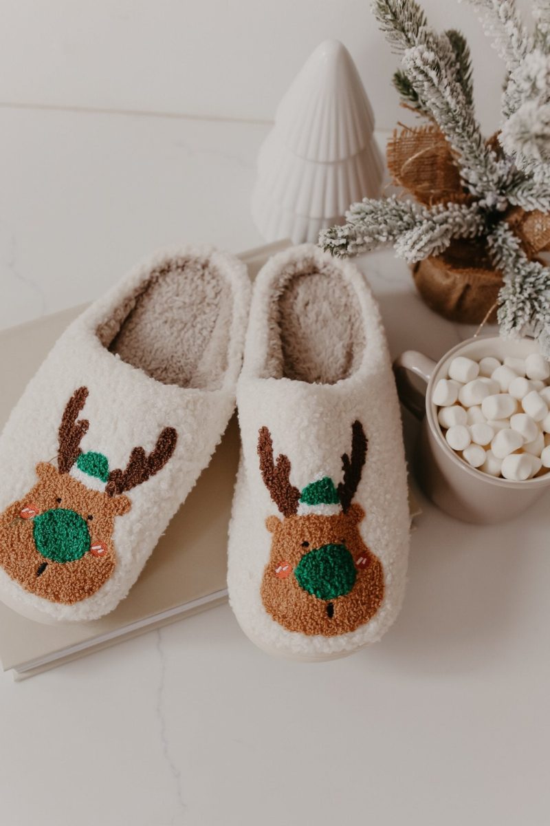 cream faux plush reindeer slippers 829092