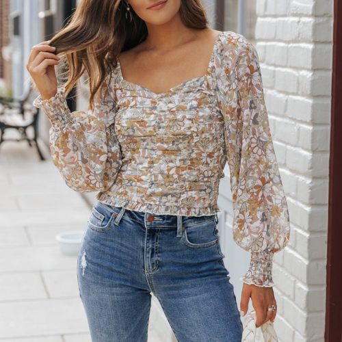 cream floral print sweetheart top 681937