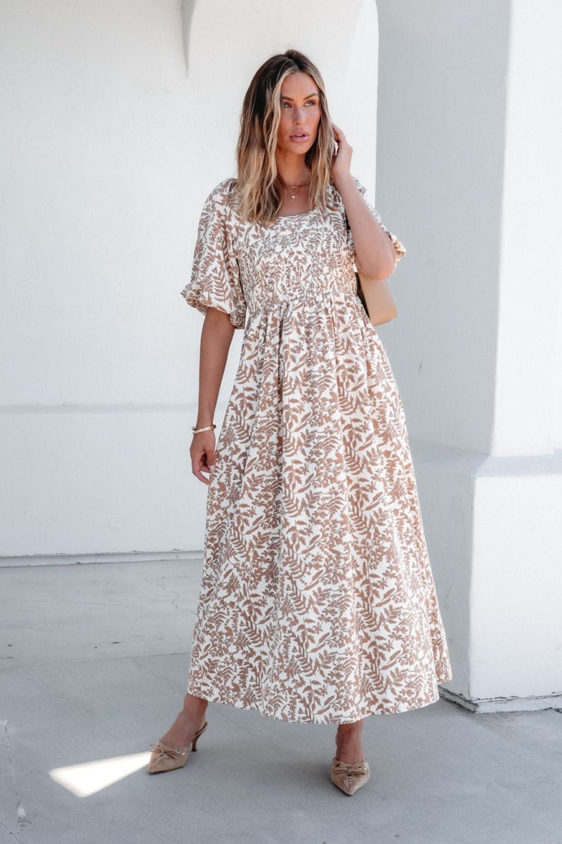 cream print smocked maxi dress 247209