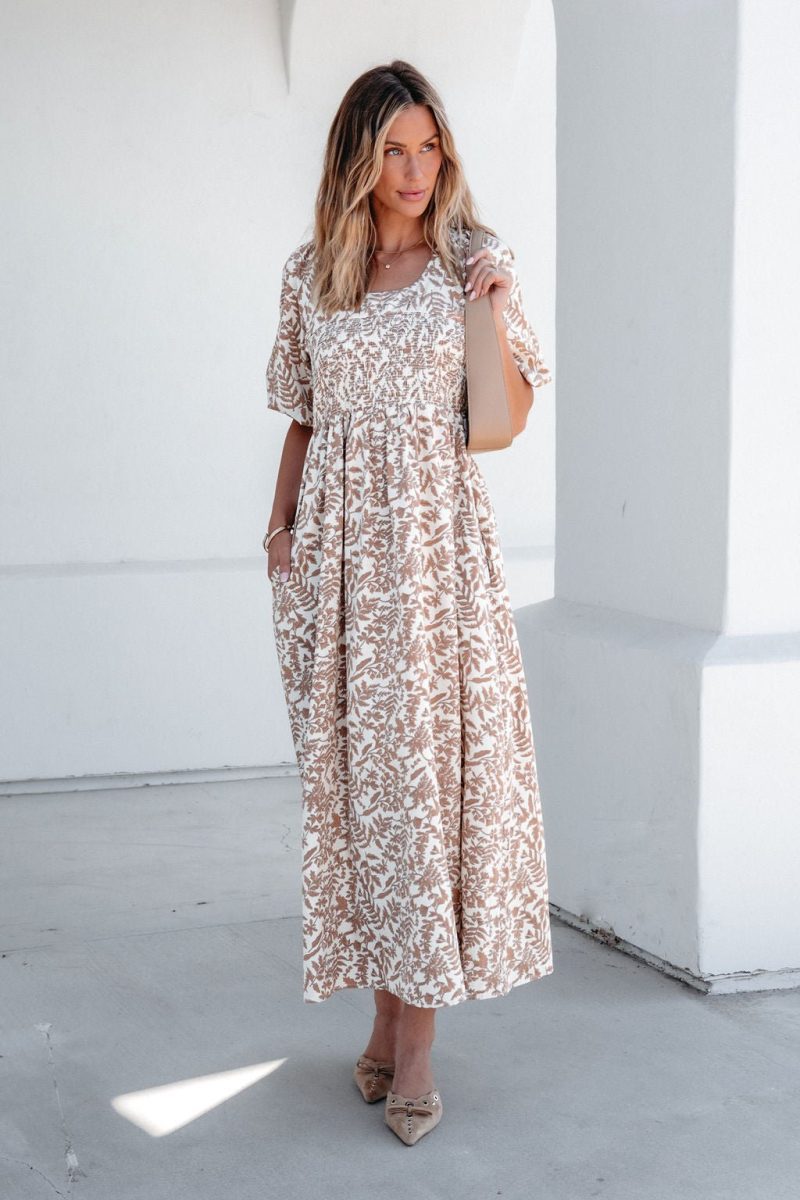 cream print smocked maxi dress 312768