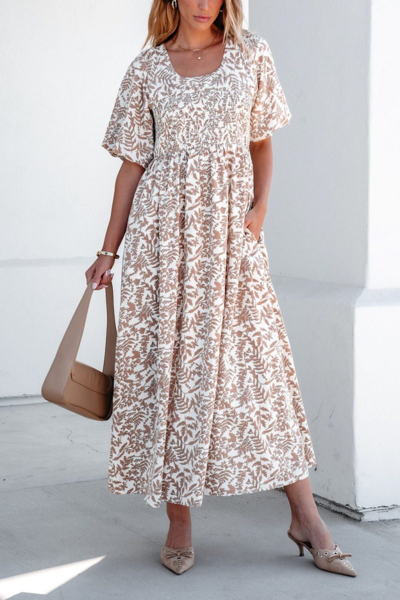 cream print smocked maxi dress 449331