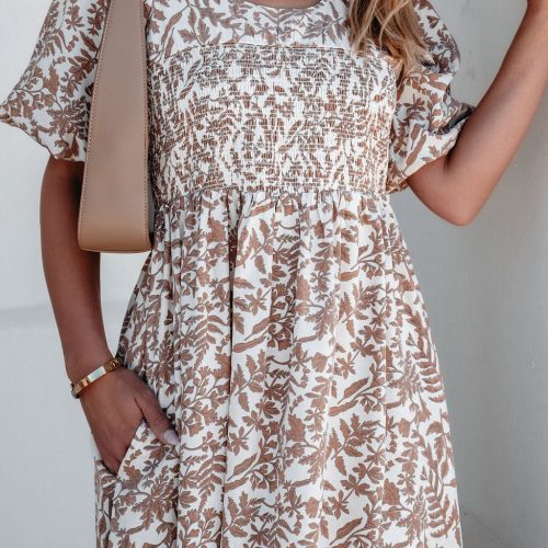 cream print smocked maxi dress 501593