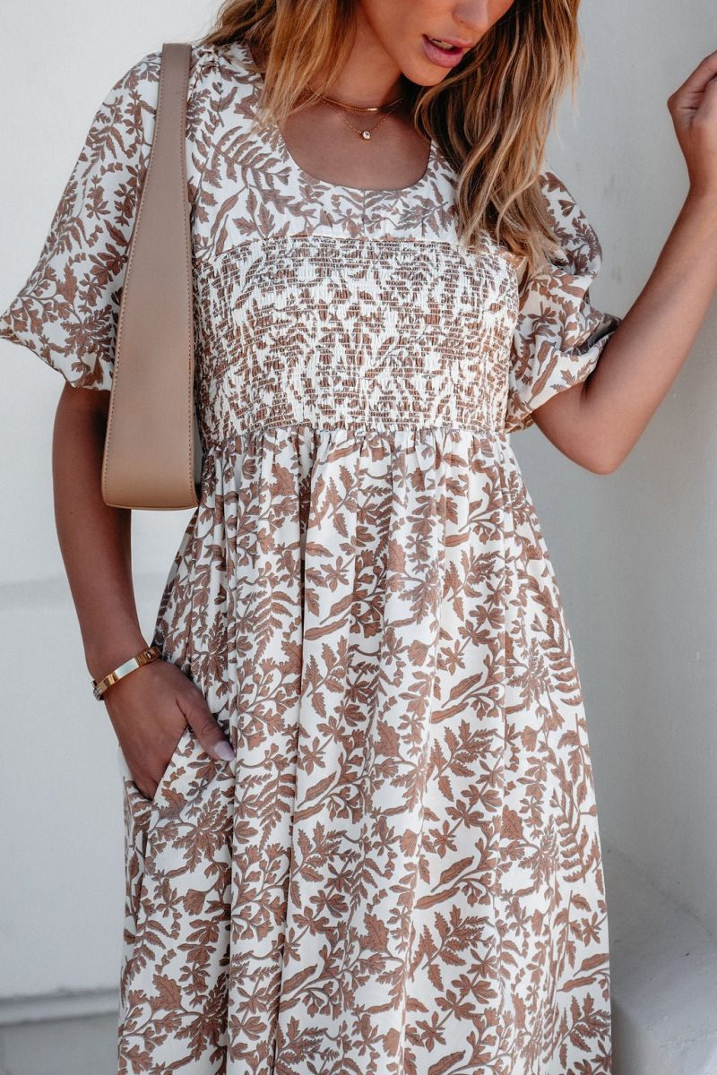 cream print smocked maxi dress 501593