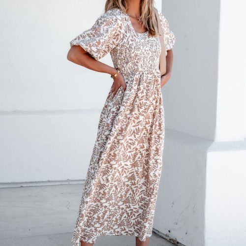 cream print smocked maxi dress 681054