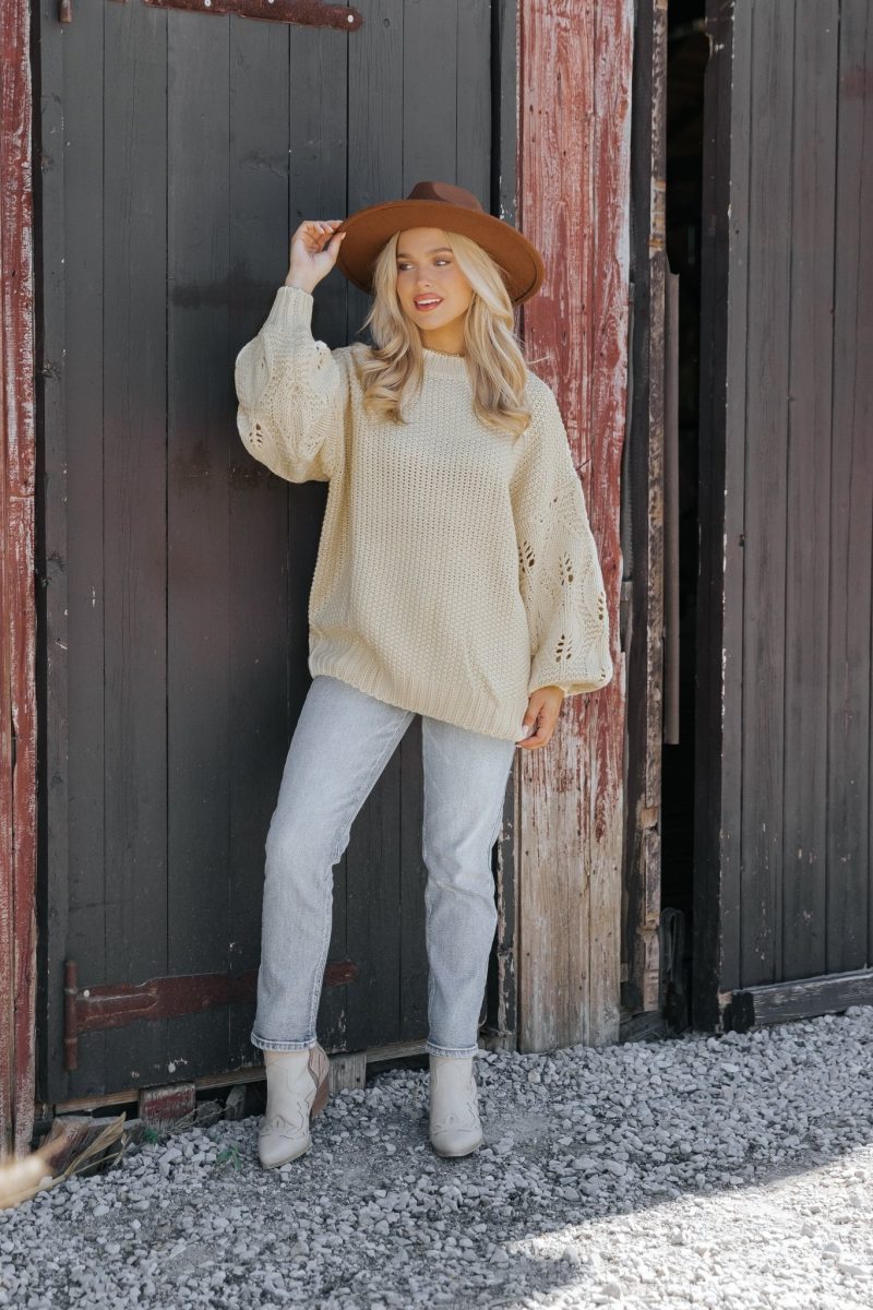 crochet sleeve pullover sweater cream 924214