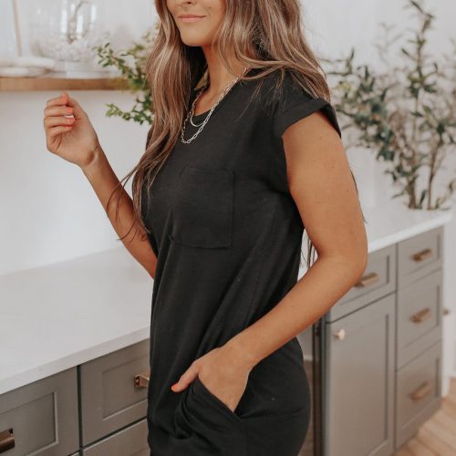 cuffed sleeve black pocket t shirt dress 103182