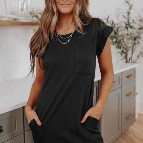 Cuffed Sleeve Black Pocket T-Shirt Dress