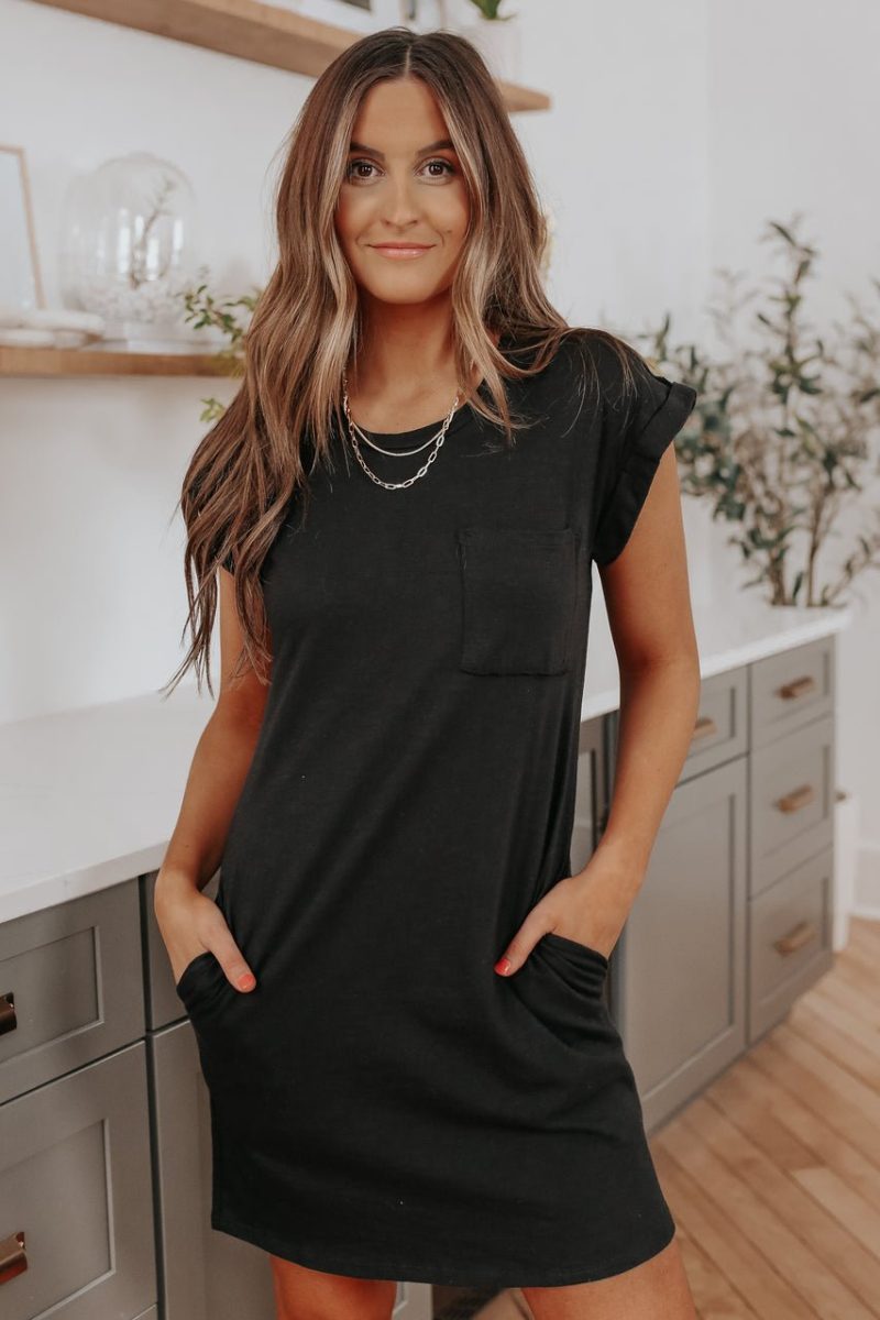 Cuffed Sleeve Black Pocket T-Shirt Dress