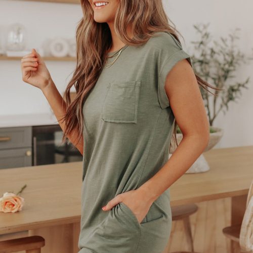 cuffed sleeve olive pocket t shirt dress 325401