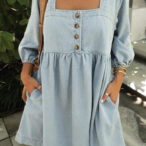 denim button detail babydoll mini dress 904136