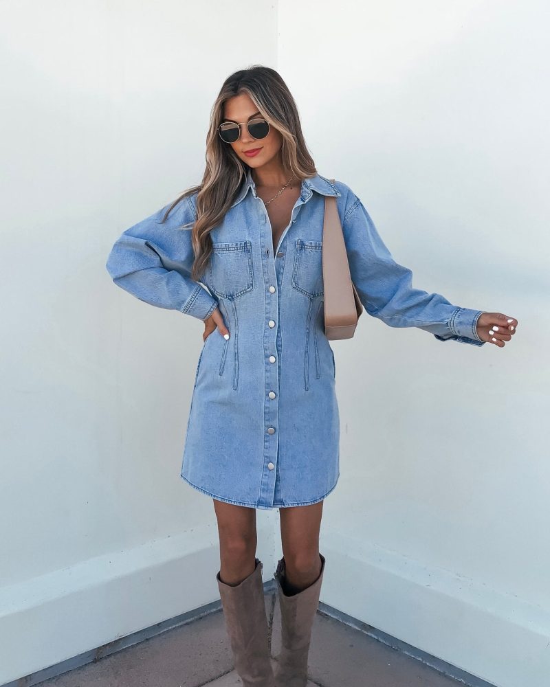 denim long sleeve button down mini dress 219891