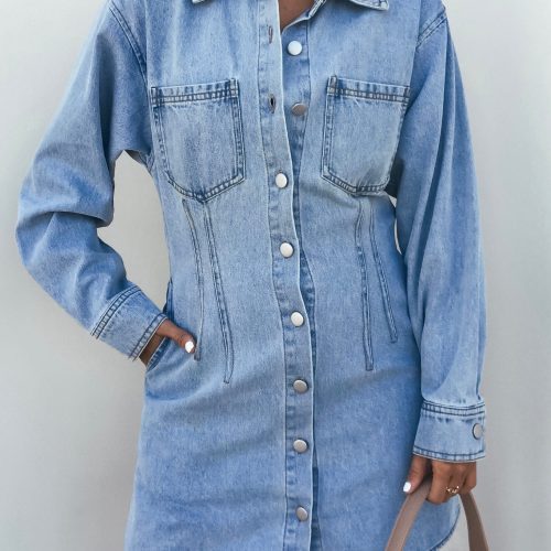 denim long sleeve button down mini dress 395722