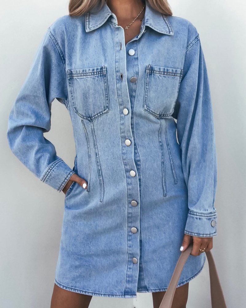 denim long sleeve button down mini dress 395722