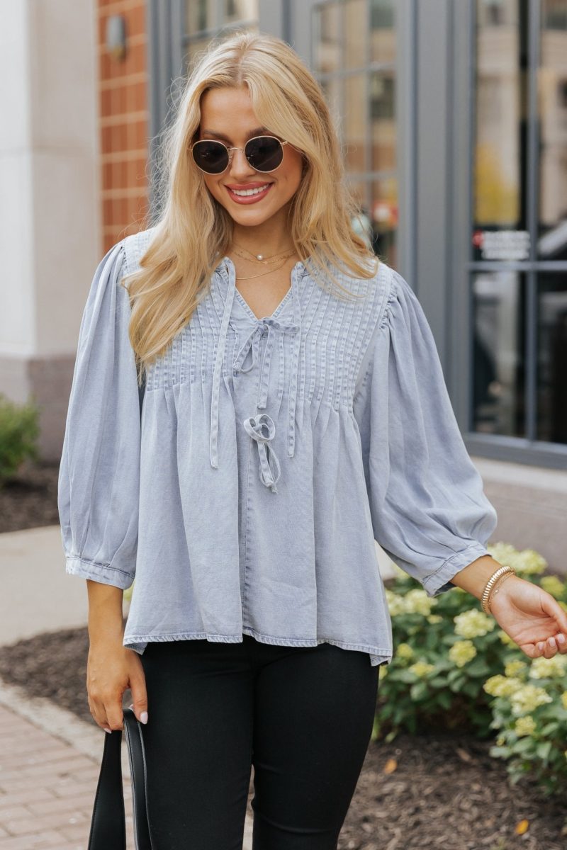 denim tie detail textured top 852579