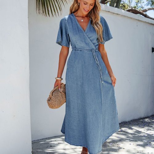 denim wrapped front maxi dress 581302