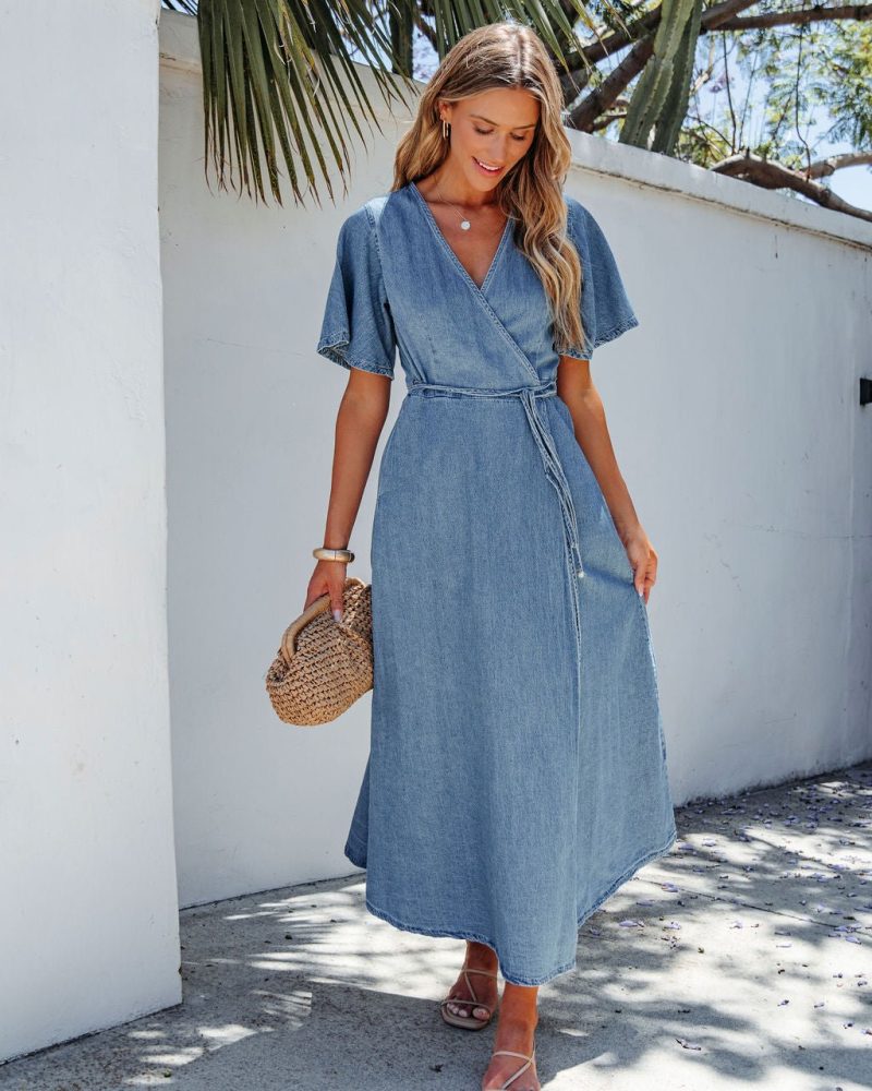 denim wrapped front maxi dress 581302