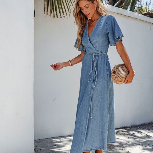 denim wrapped front maxi dress 655332