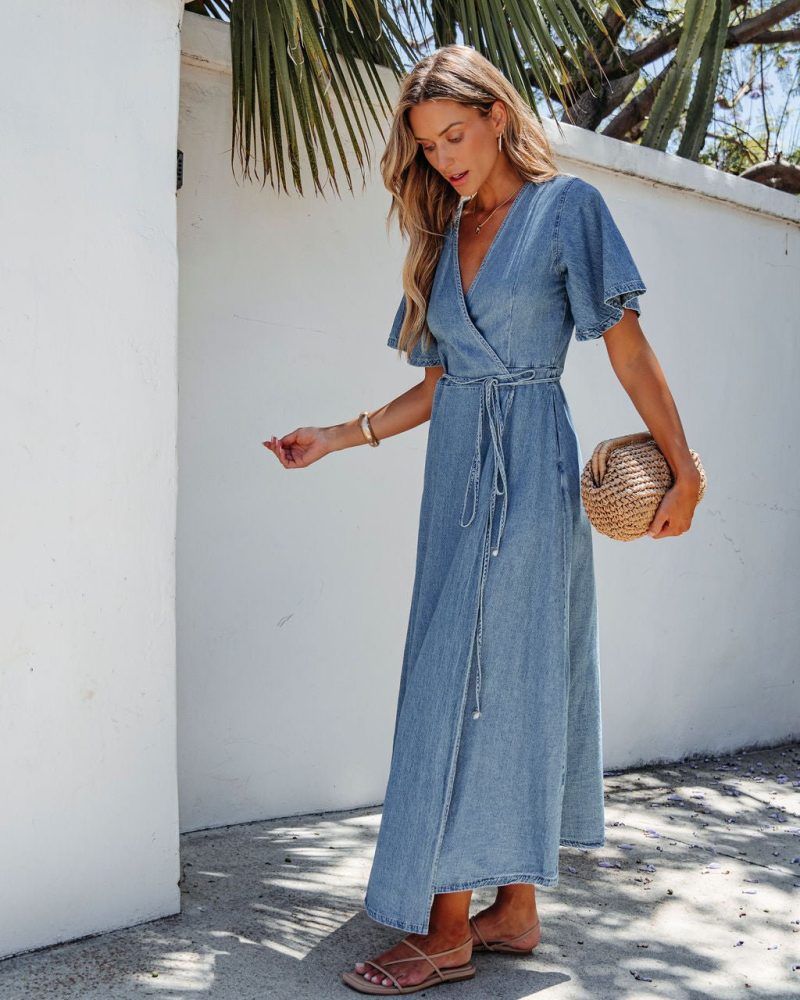 denim wrapped front maxi dress 655332