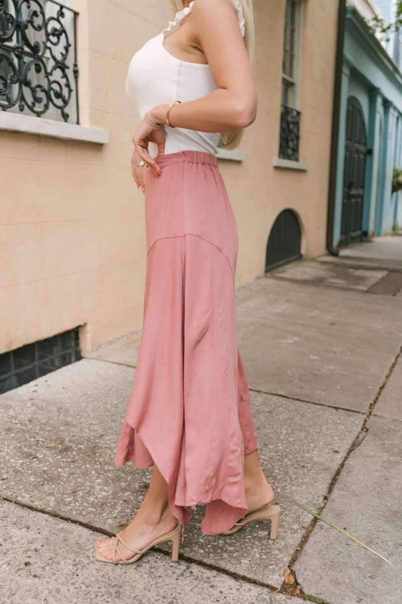 dusty rose asymmetrical midi skirt 103643