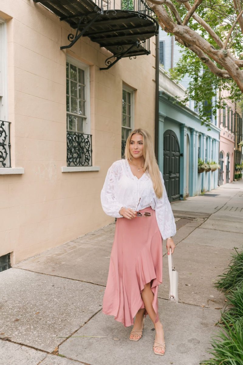 dusty rose asymmetrical midi skirt 213485