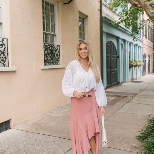 dusty rose asymmetrical midi skirt 464427