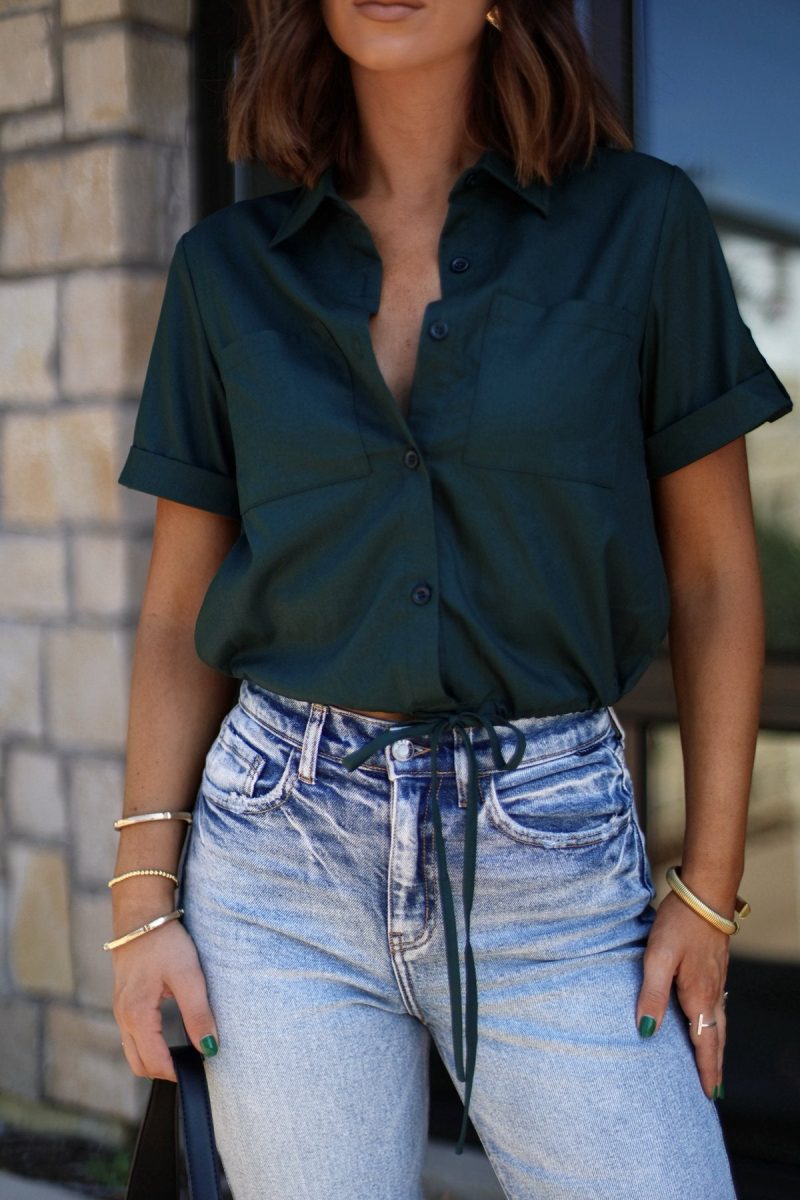 forest green short sleeve button down top 505672