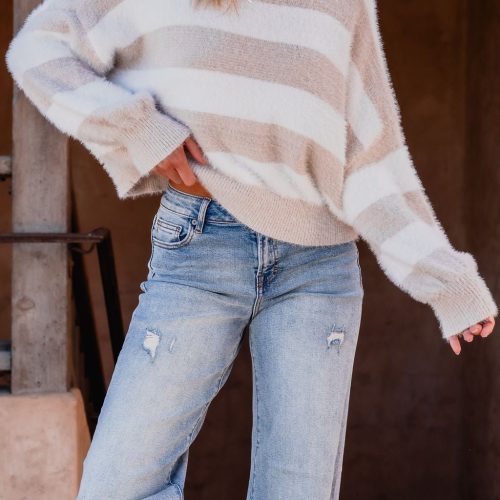 fuzzy beige striped sweater 133130